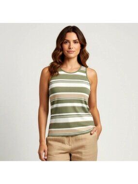 Caliville Striped Tank Top Womens Small Green Beige Business Office Stretch NWOT